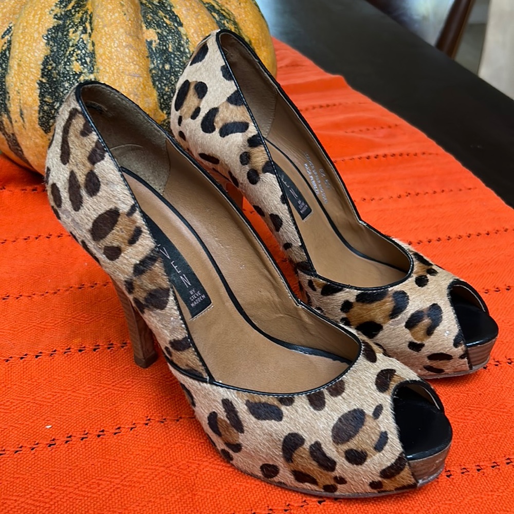 Steven by Steve Madden Leopard Print Fur Leather Open Toe Pumps Heels